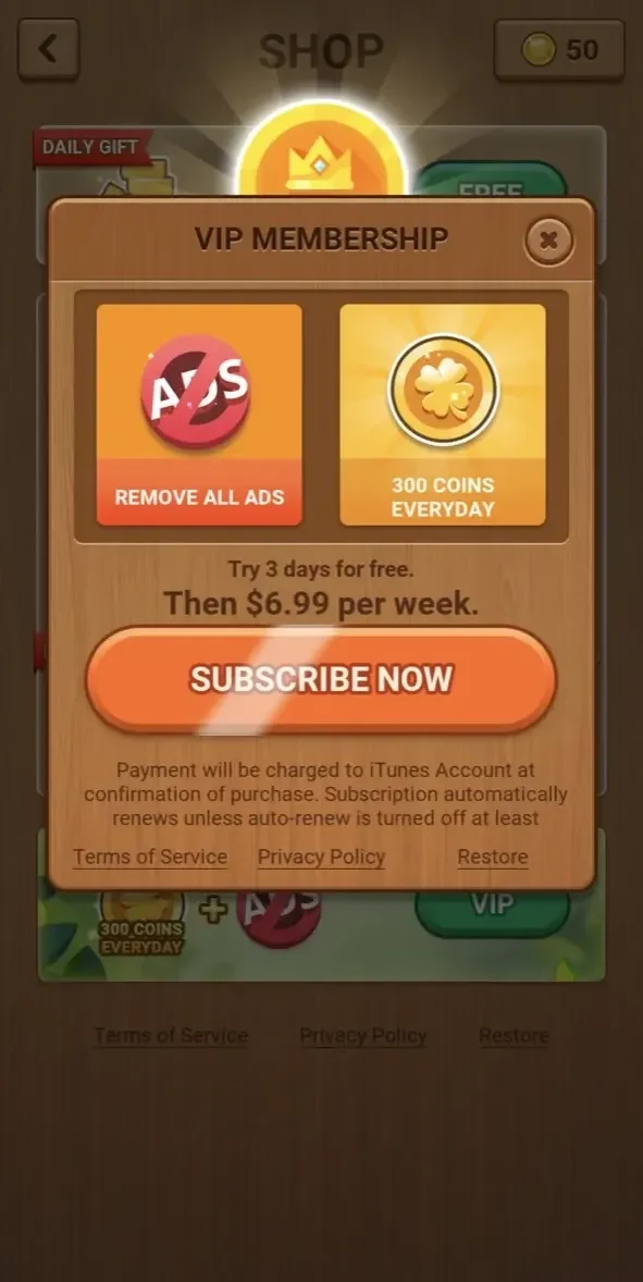 Wood Block Puzzle paywall screen
