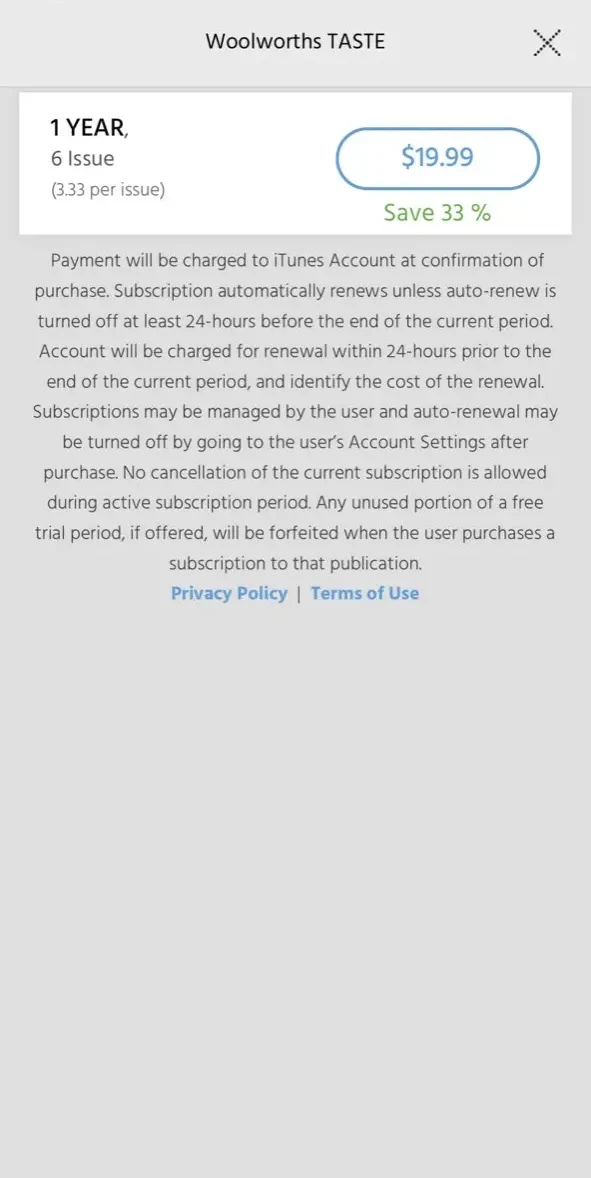 Woolworths Taste paywall screen