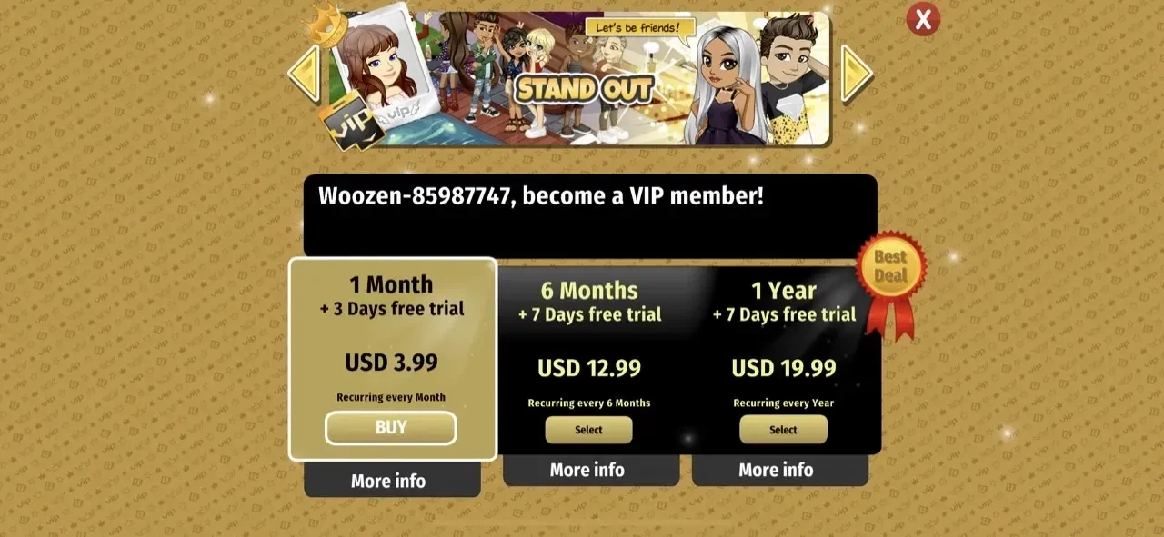 Woozworld paywall screen