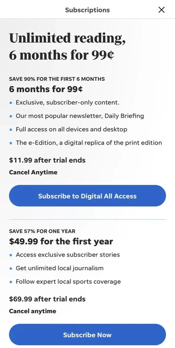 Worcester Telegram paywall screen