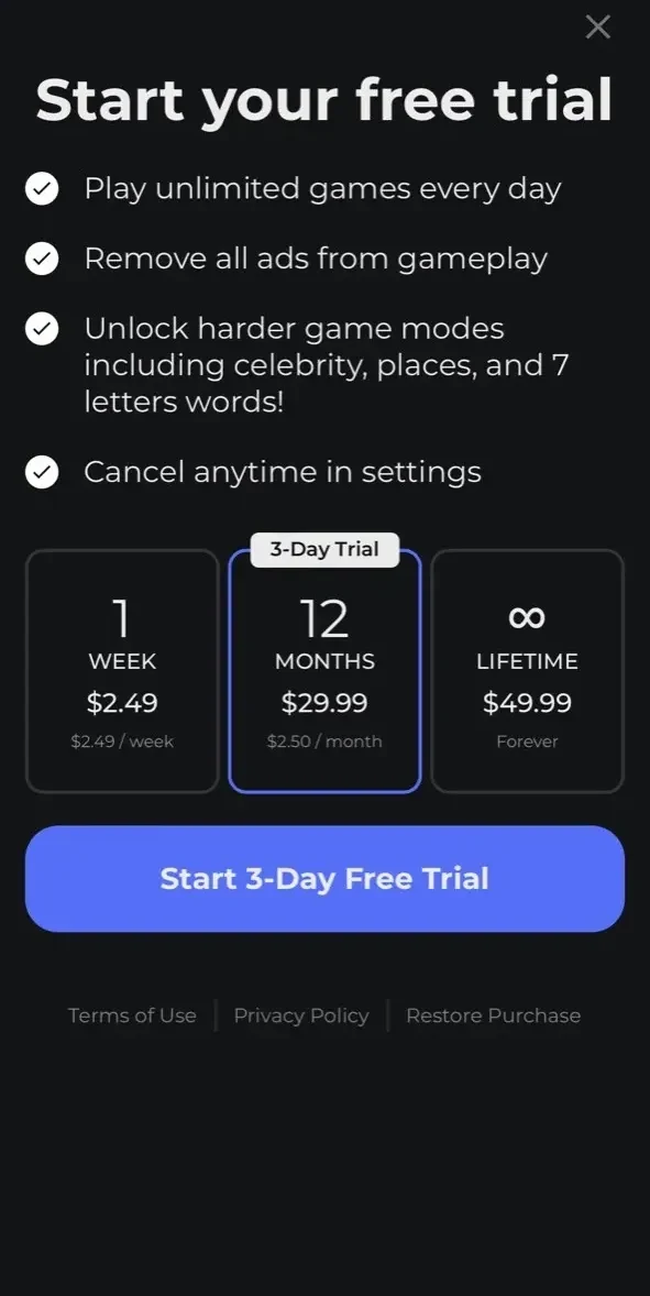 Word Games paywall screen