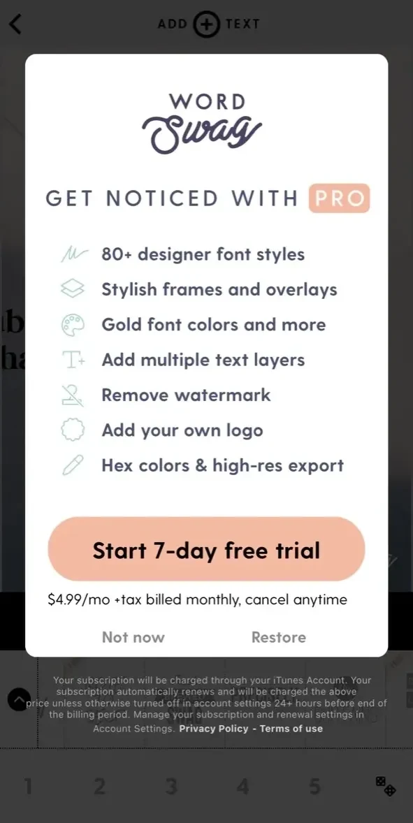 Word Swag paywall screen