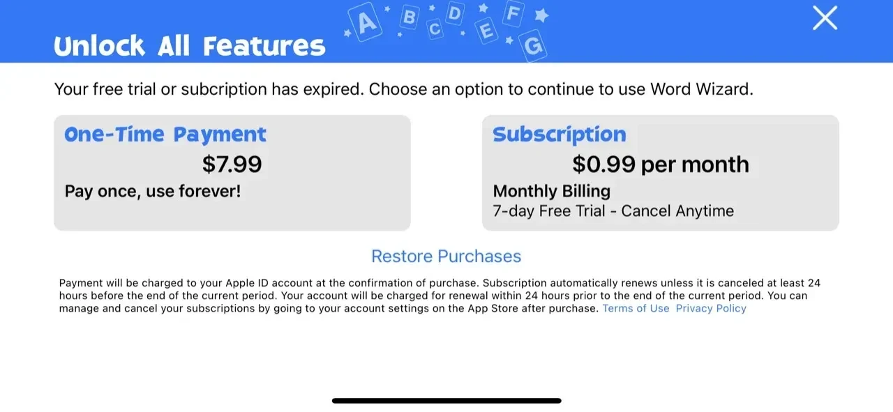 Word Wizard paywall screen