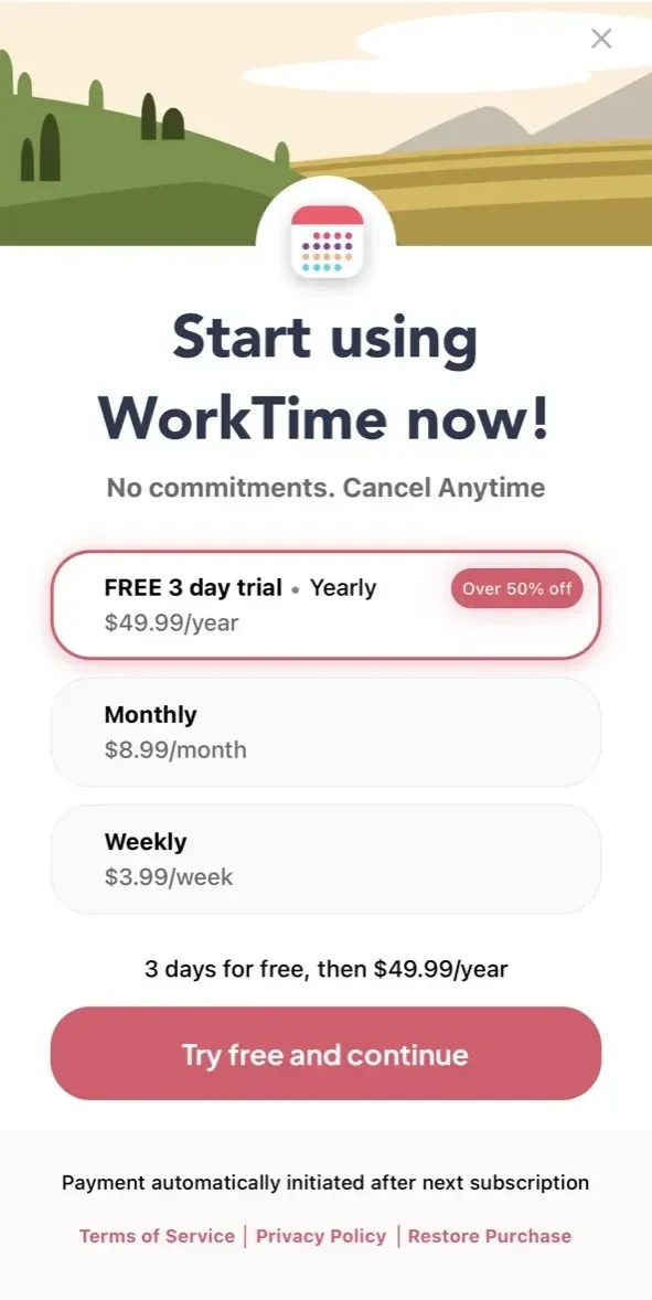 WorkTime paywall screen