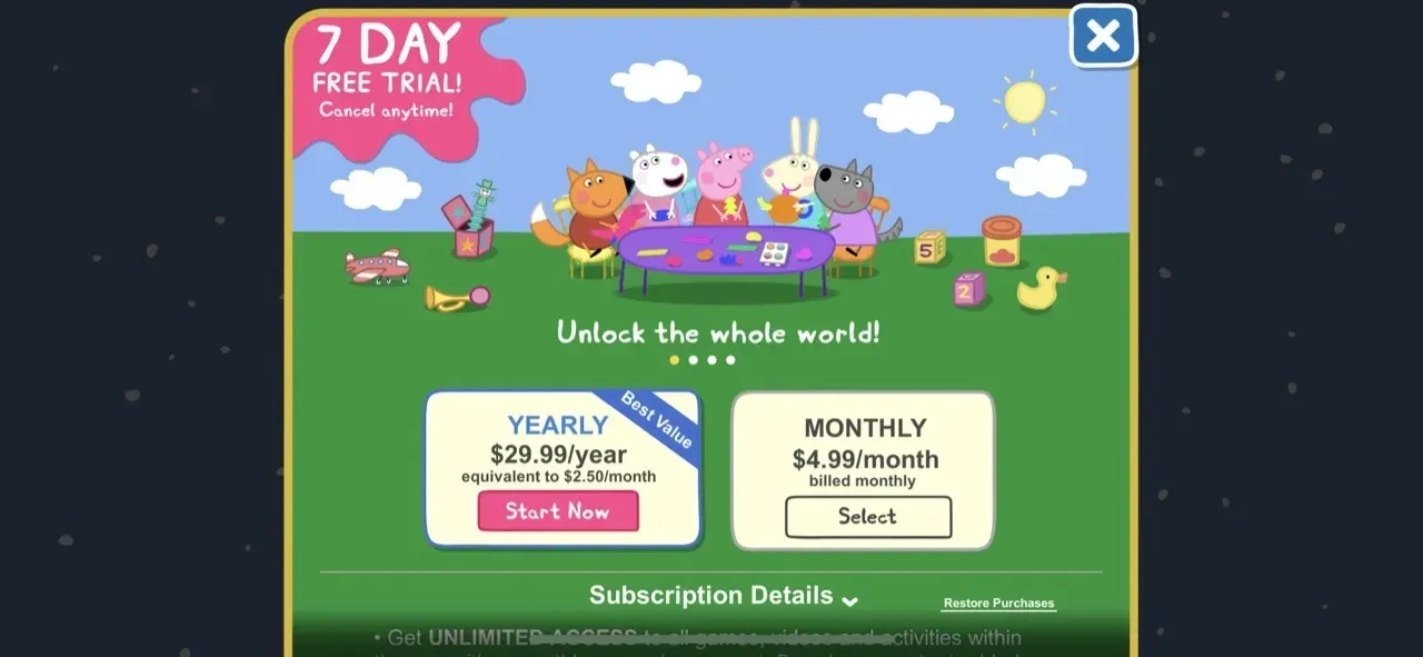 World of Peppa Pig paywall screen