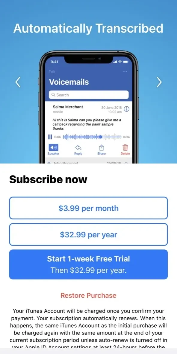 World Voicemail paywall screen