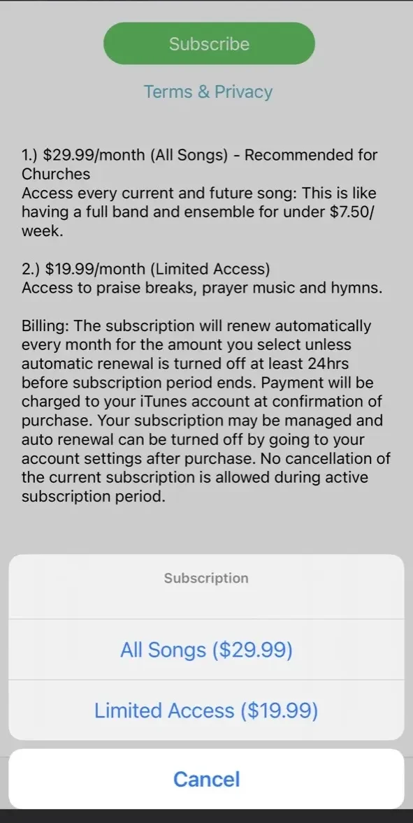 Worship Backing Tracks paywall screen