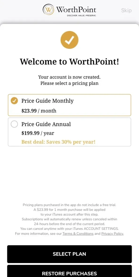WorthPoint paywall screen