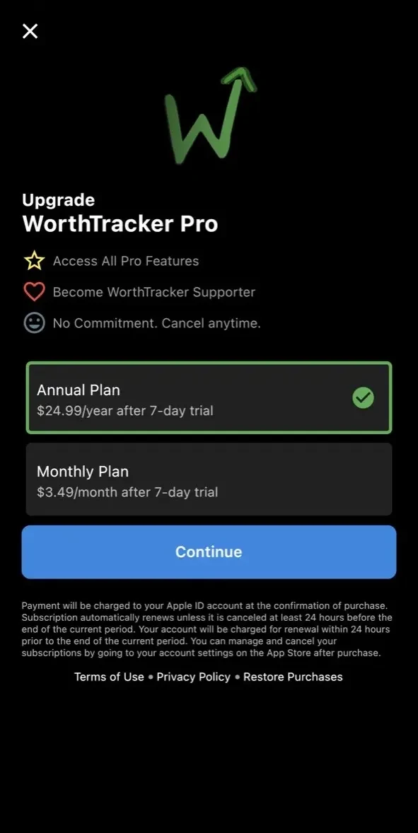 WorthTracker paywall screen