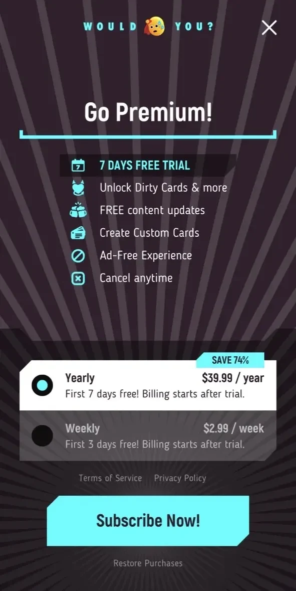 Would You Rather paywall screen