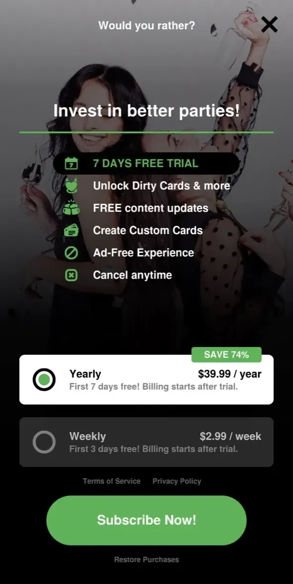 Would You Rather? Dirty Adult paywall screen