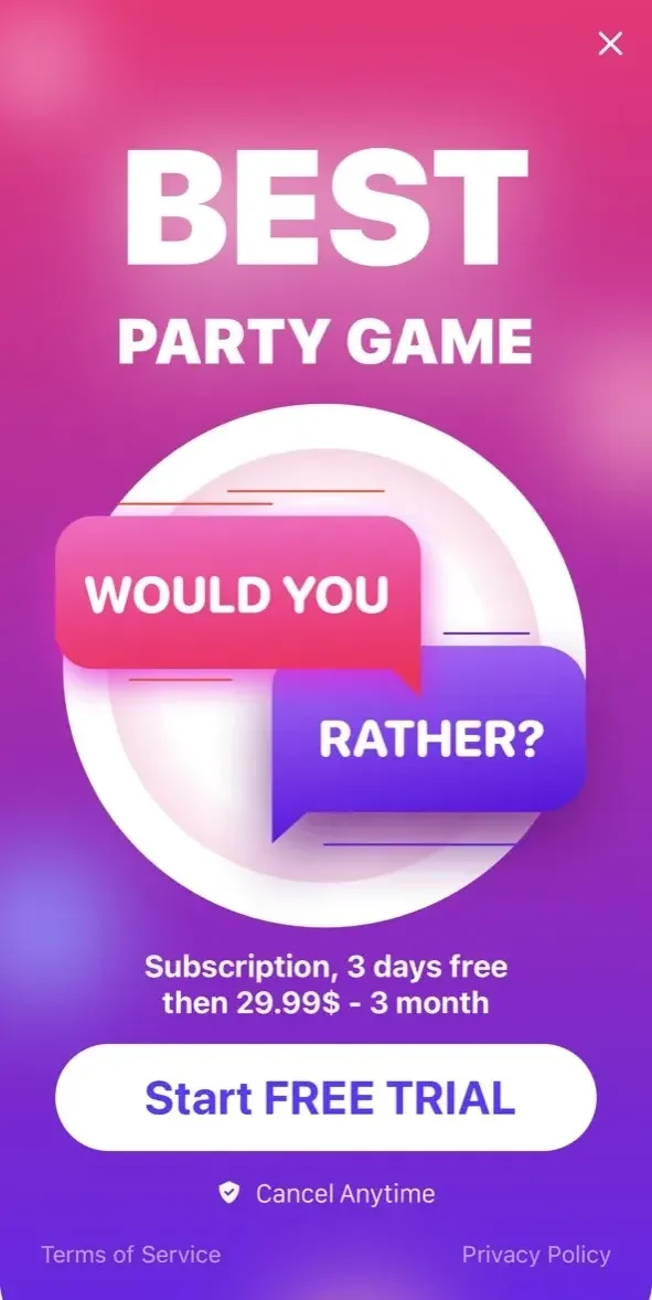 Would you rather? Fun game paywall screen