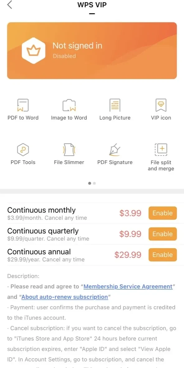 WPS Office paywall screen