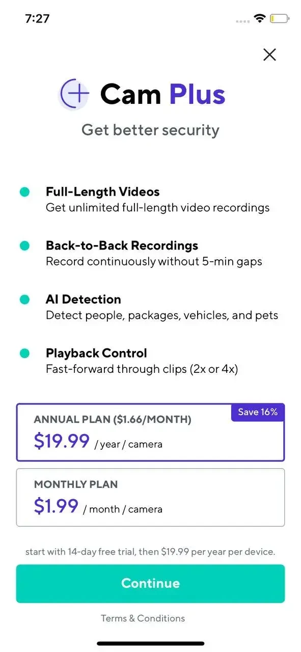 Wyze paywall screen