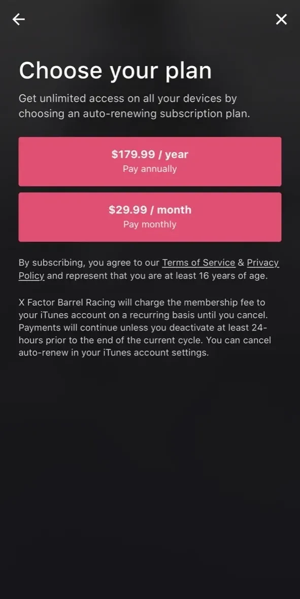 X Factor Barrel Racing paywall screen