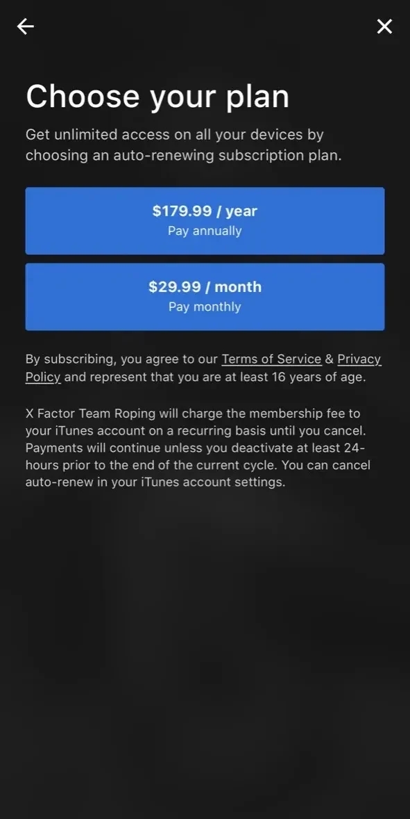 X Factor Team Roping paywall screen