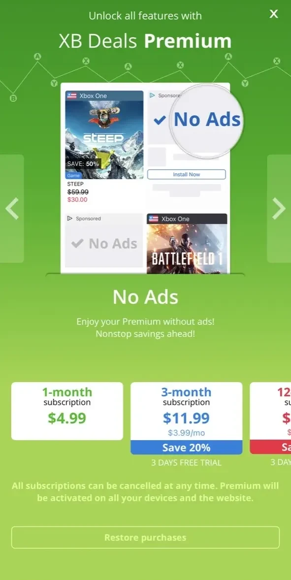 XB Deals paywall screen