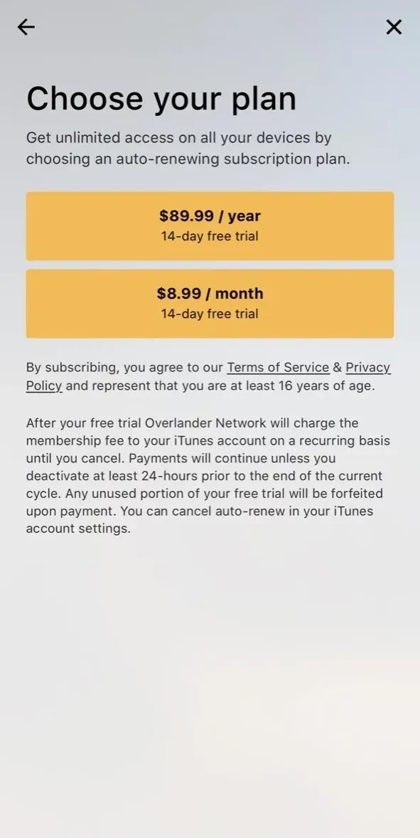 Xoverland Network paywall screen