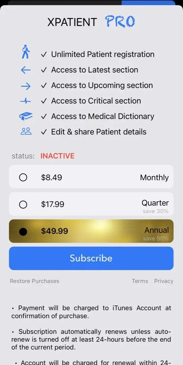 XPatient Pro paywall screen