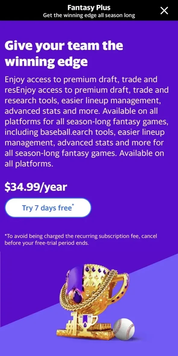 Yahoo Fantasy Football paywall screen