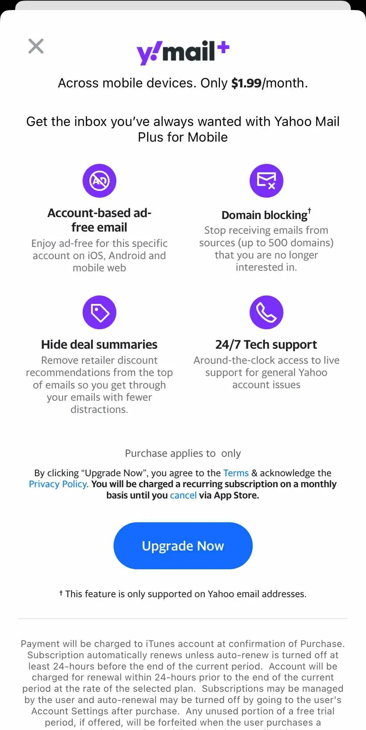 Yahoo Mail paywall screen