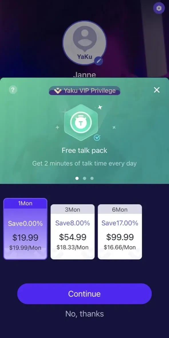 Yaku paywall screen