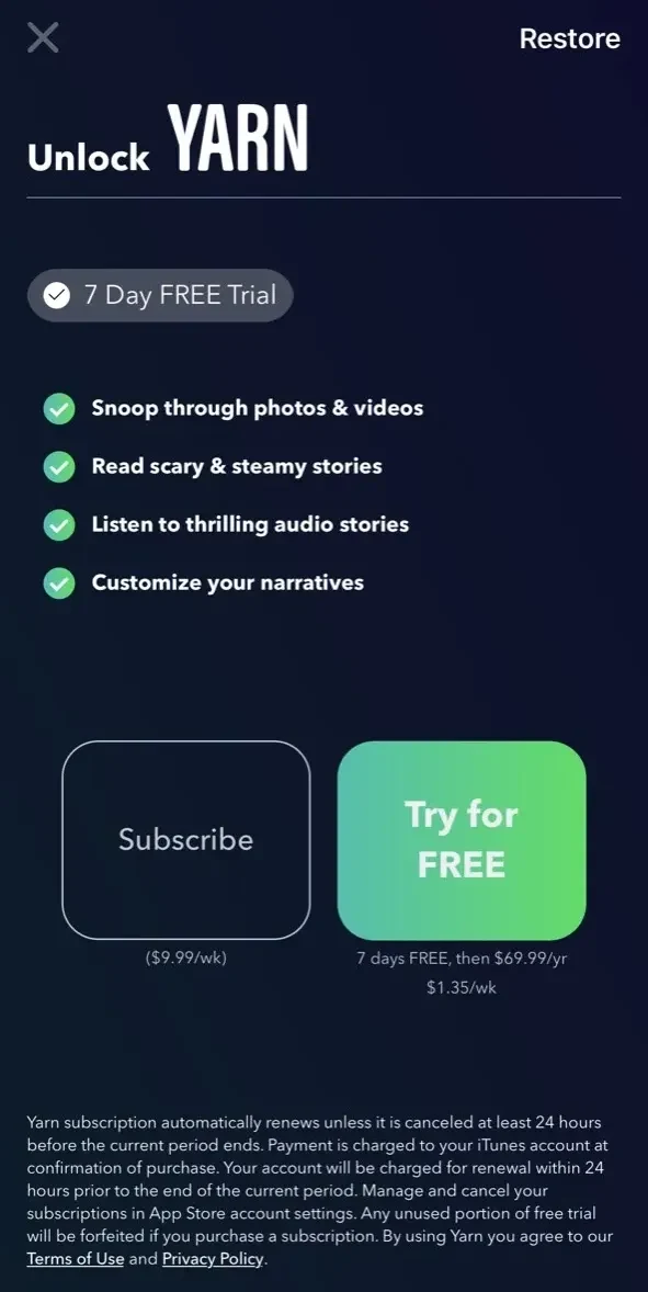 Yarn paywall screen
