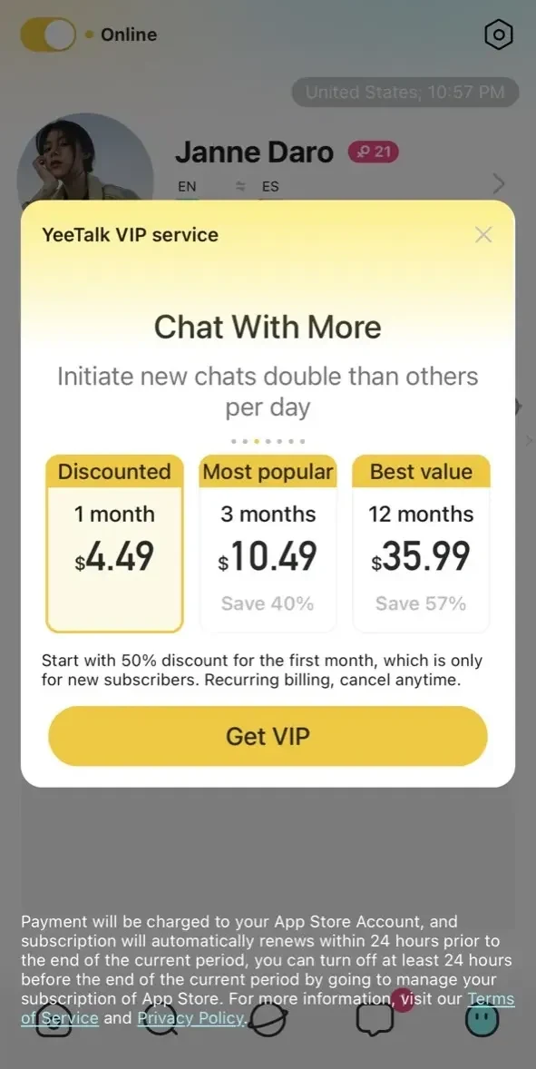 YeeTalk paywall screen