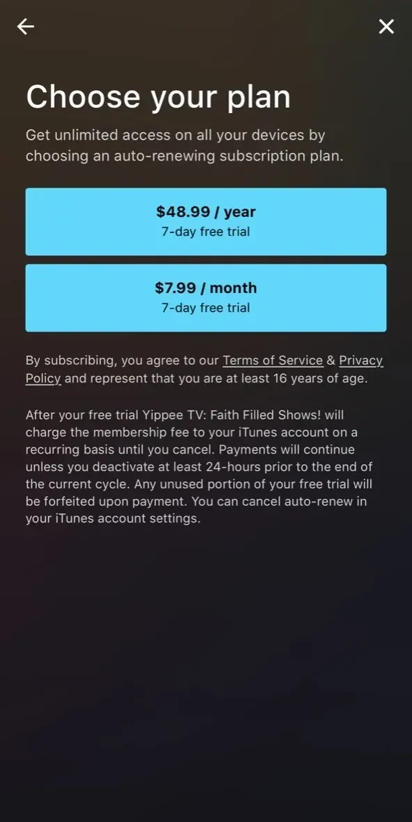 Yippee TV paywall screen