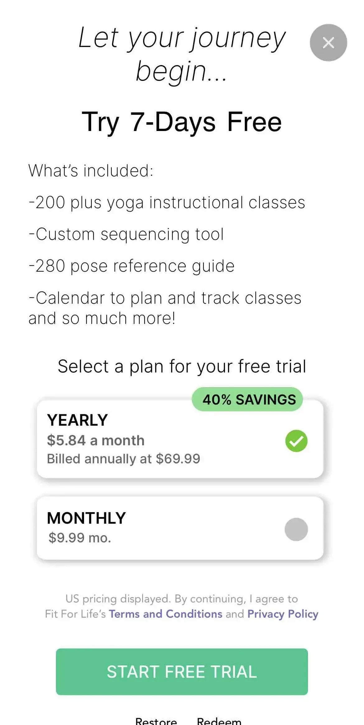 Yoga Studio paywall screen