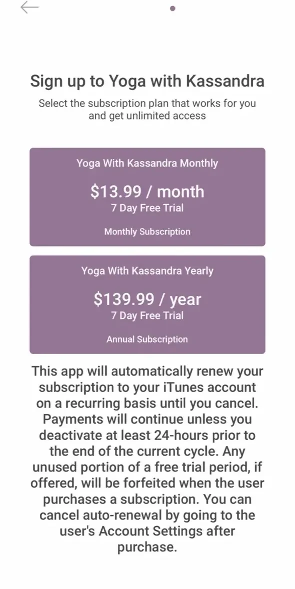 Yoga with Kassandra paywall screen