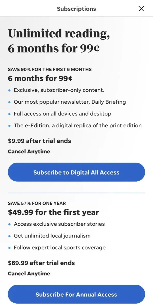 York Daily Record paywall screen