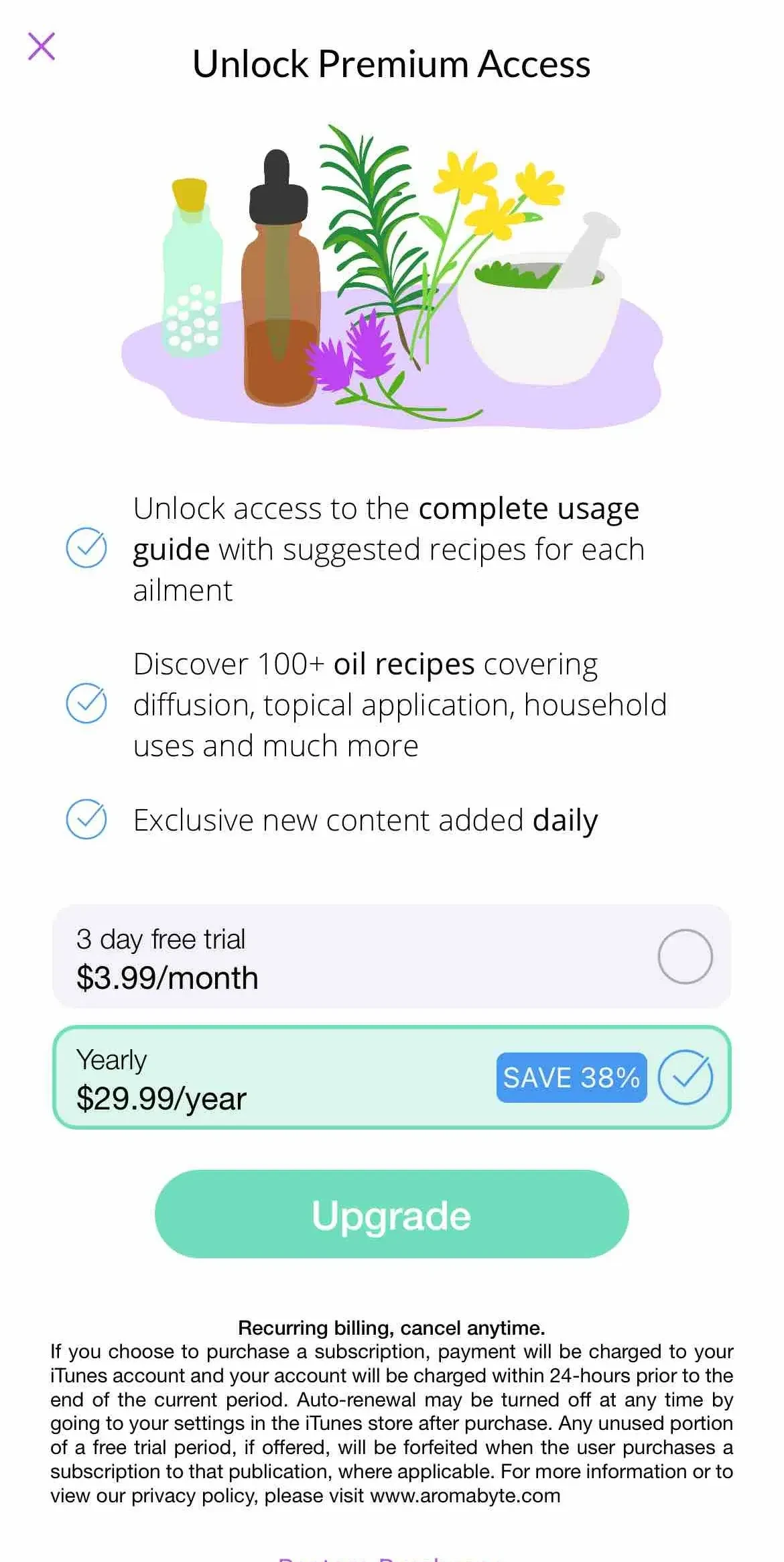 Young Living Essential Oil paywall screen