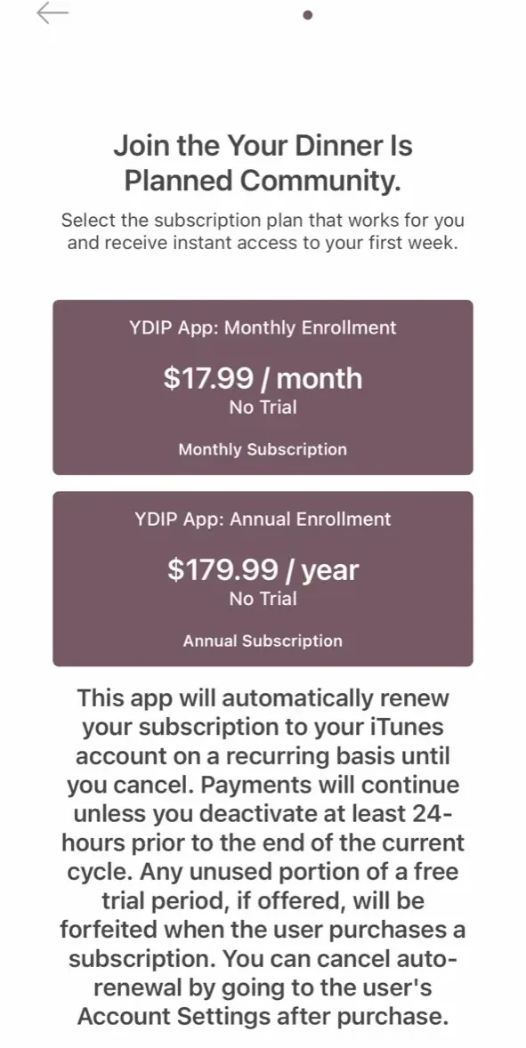 Your Dinner is Planned paywall screen