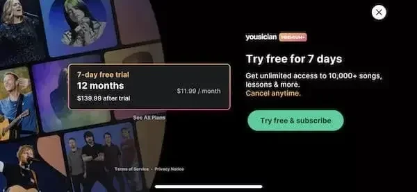 Yousician paywall screen