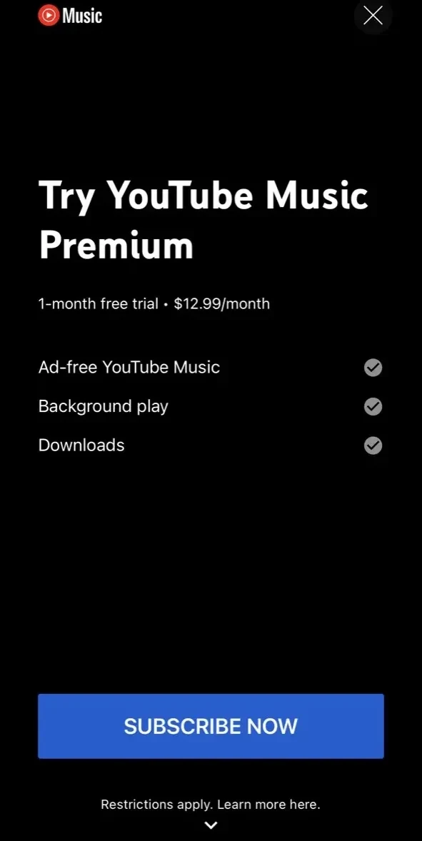 YouTube Music paywall screen