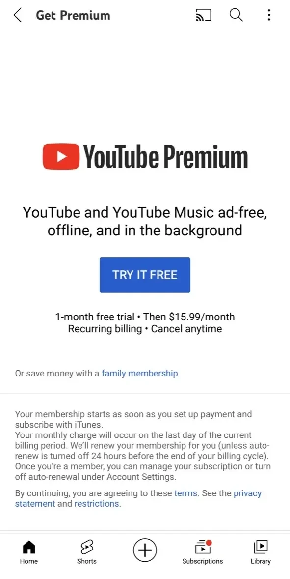YouTube paywall screen