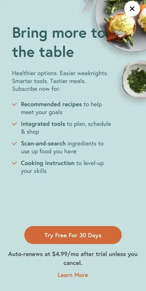 Yummly Recipes paywall screen