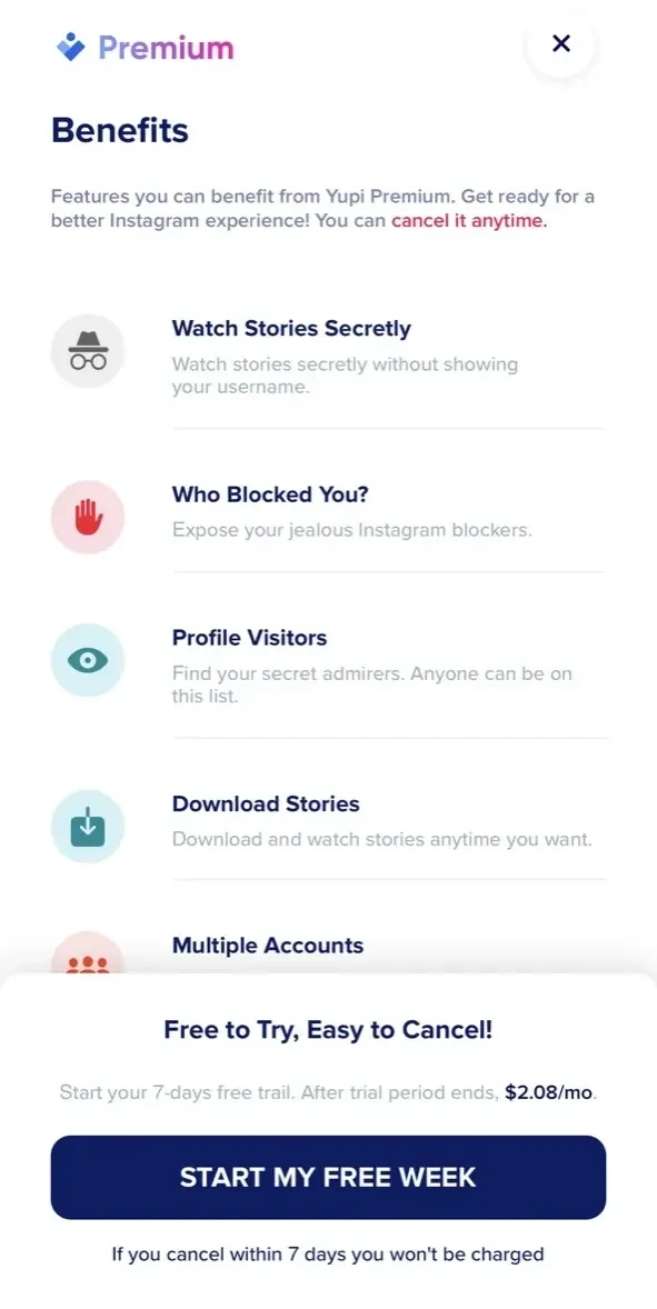Yupi paywall screen
