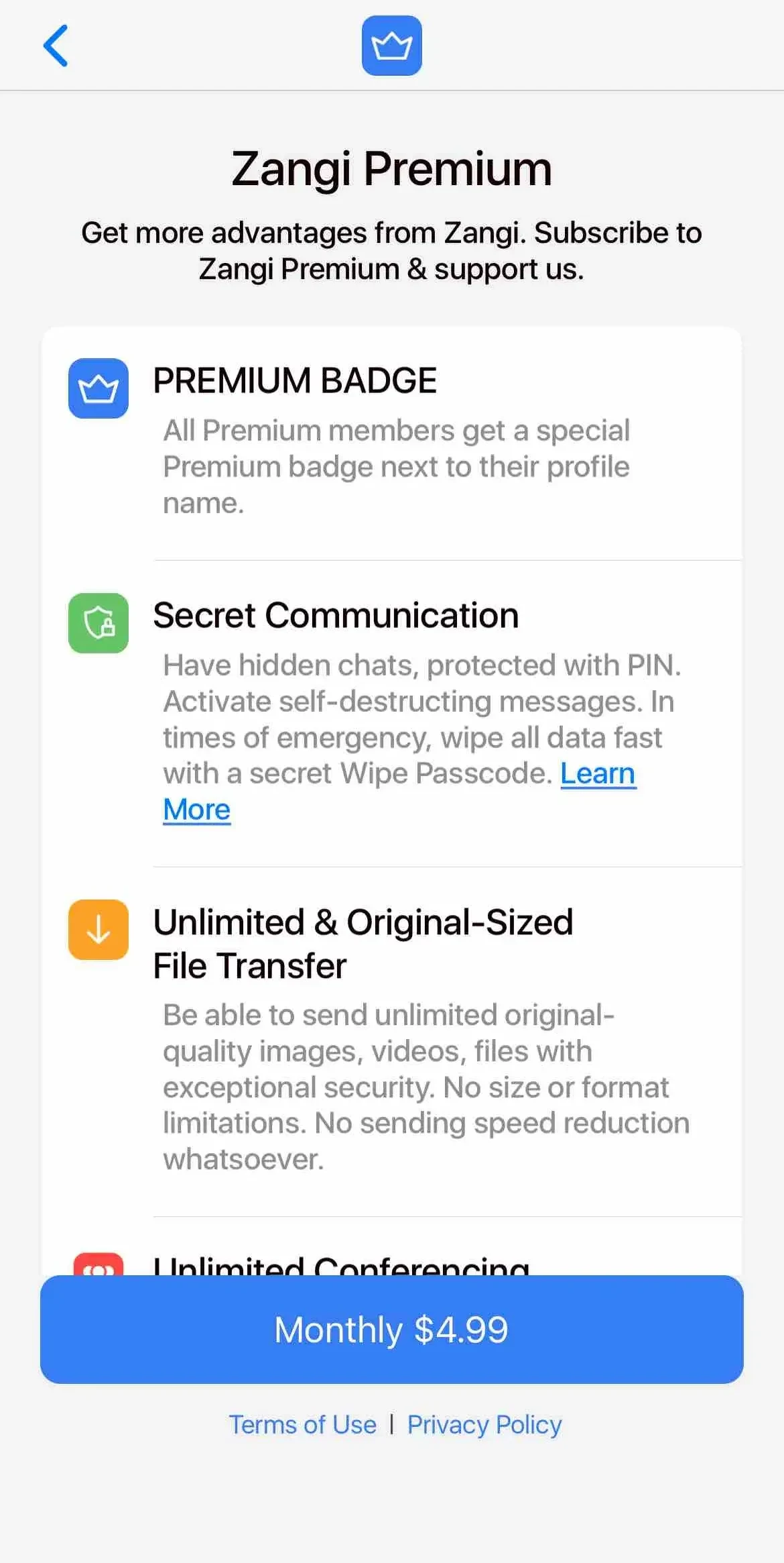 Zangi Private Messenger paywall screen