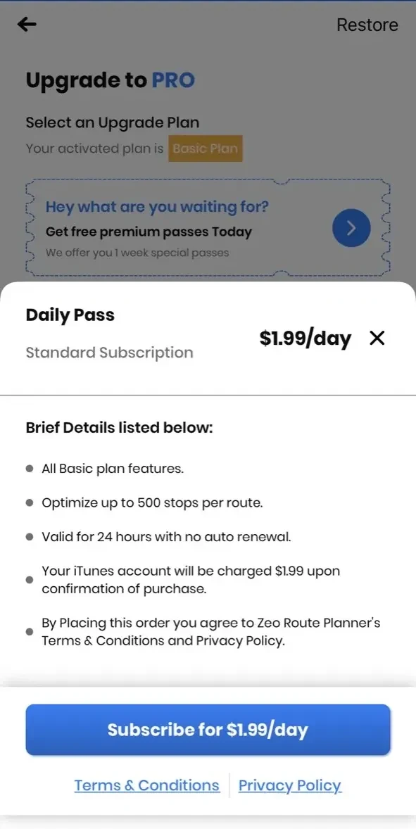 Zeo Route Planner paywall screen