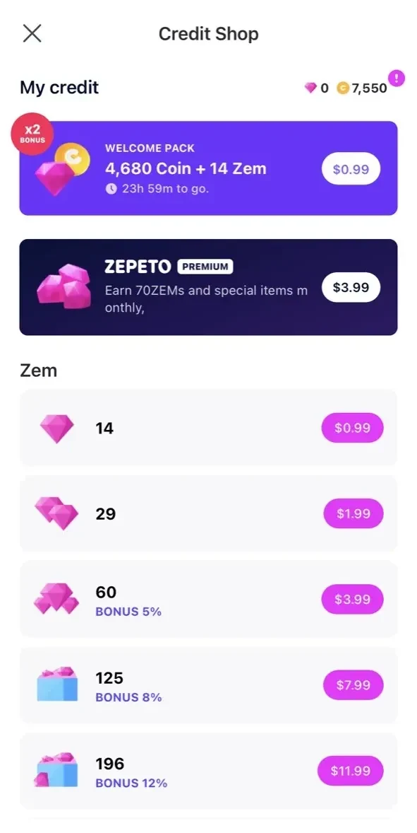 ZEPETO paywall screen