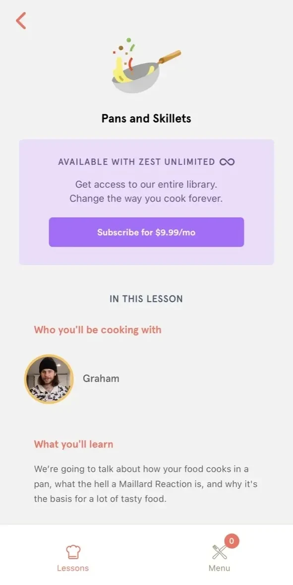 Zest Cooking paywall screen