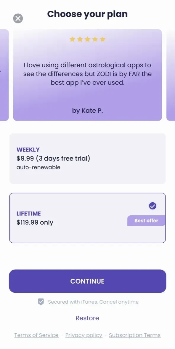 Zodi paywall screen