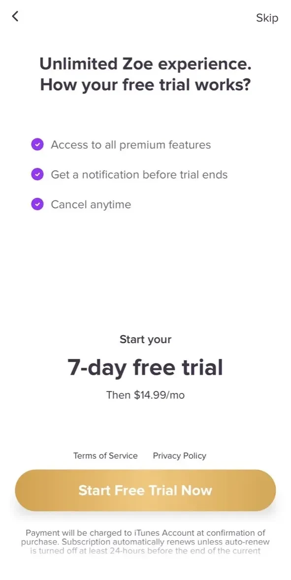 Zoe paywall screen