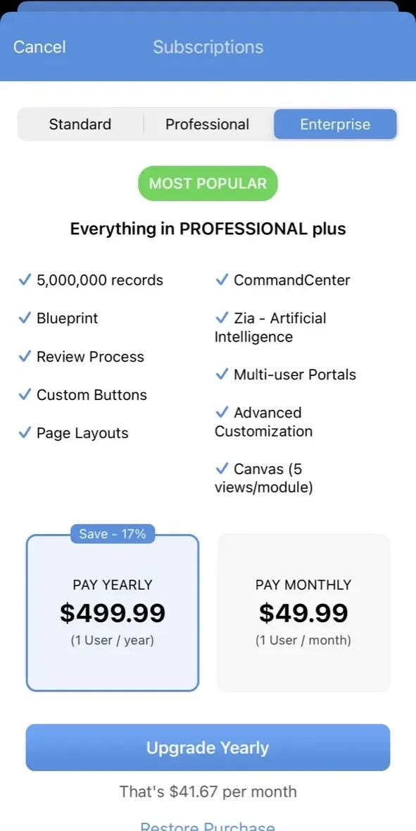 Zoho CRM paywall screen