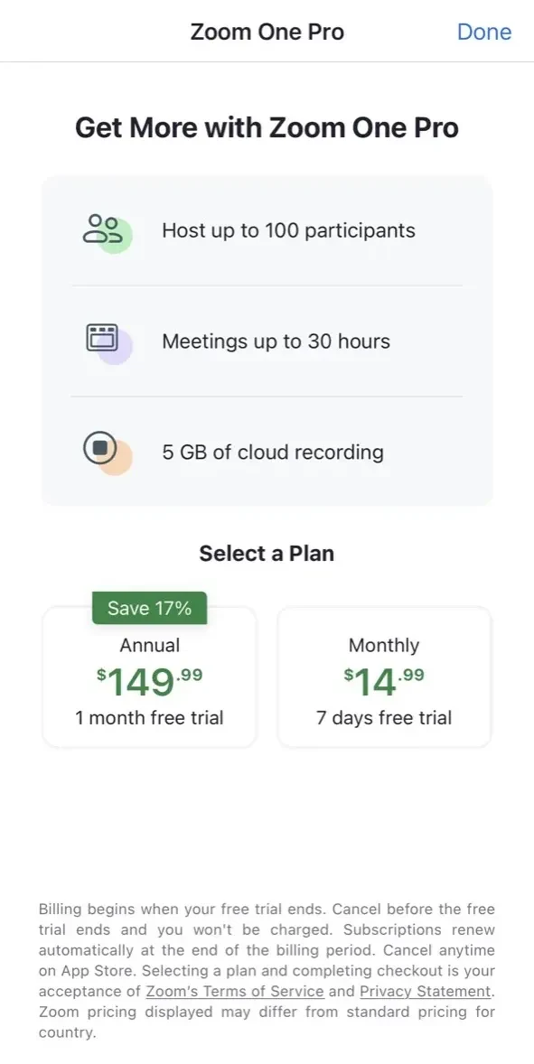 Zoom Workplace paywall screen