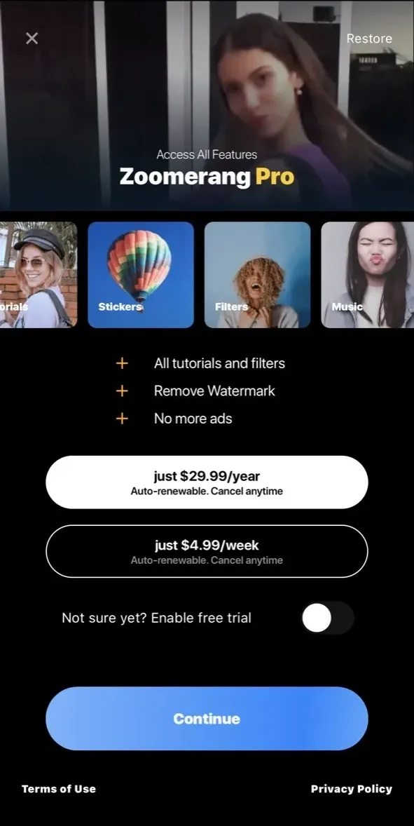 Zoomerang paywall screen