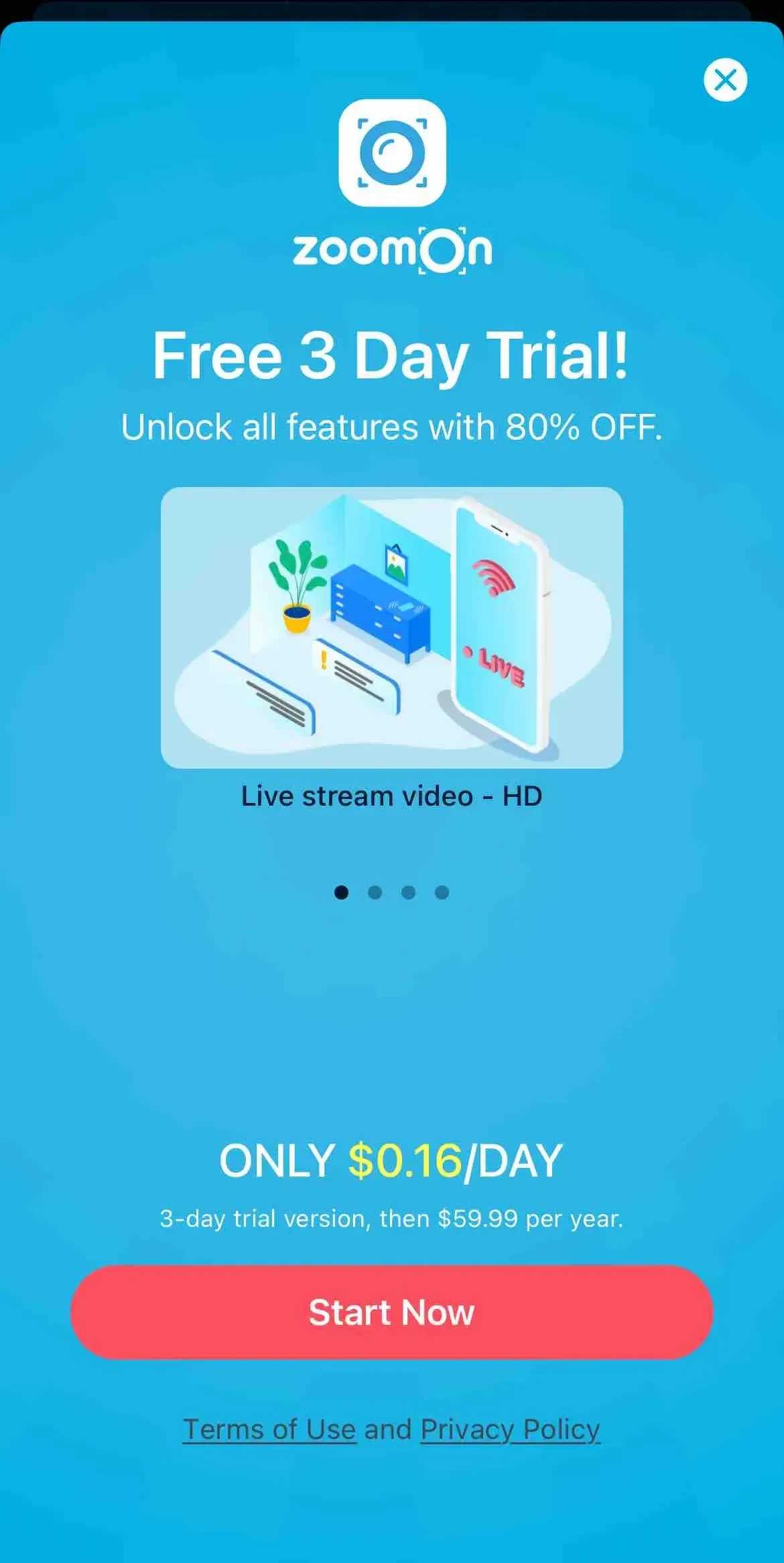ZoomOn Home Security Camera paywall screen