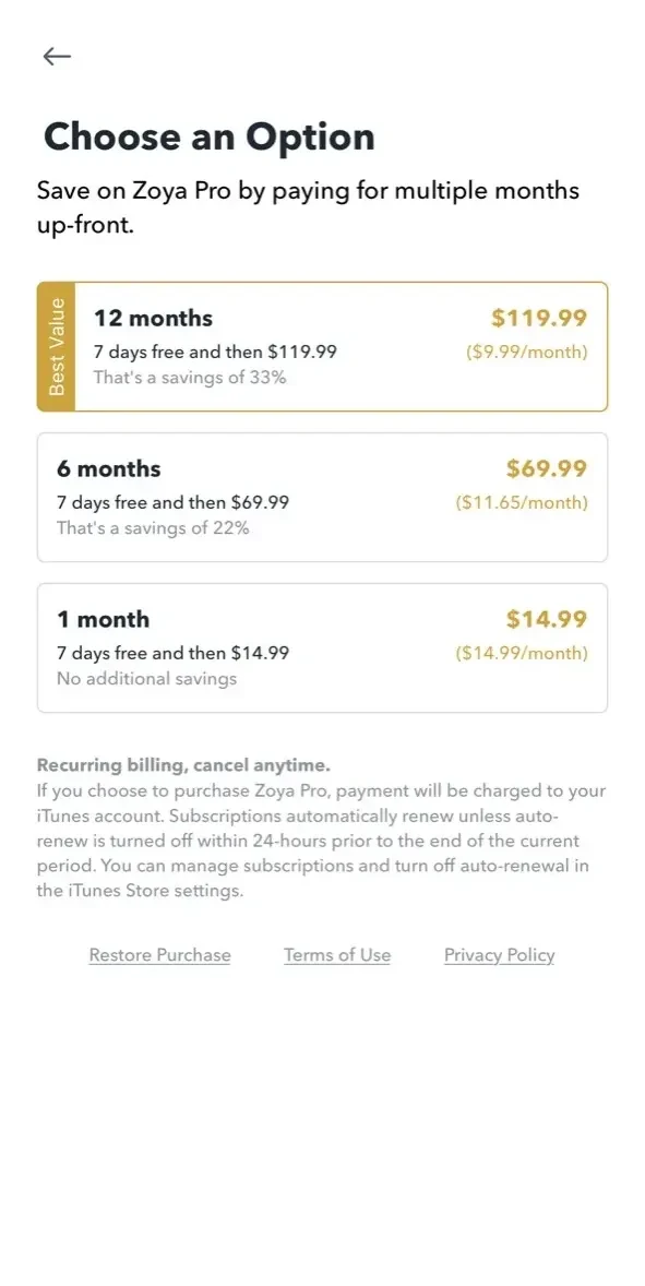 Zoya paywall screen